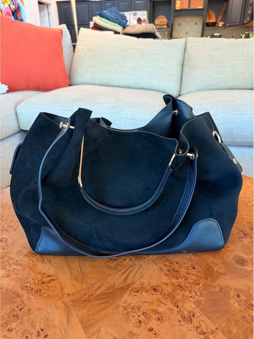 Sondra Roberts Black Suede and Leather Large Tote Bag